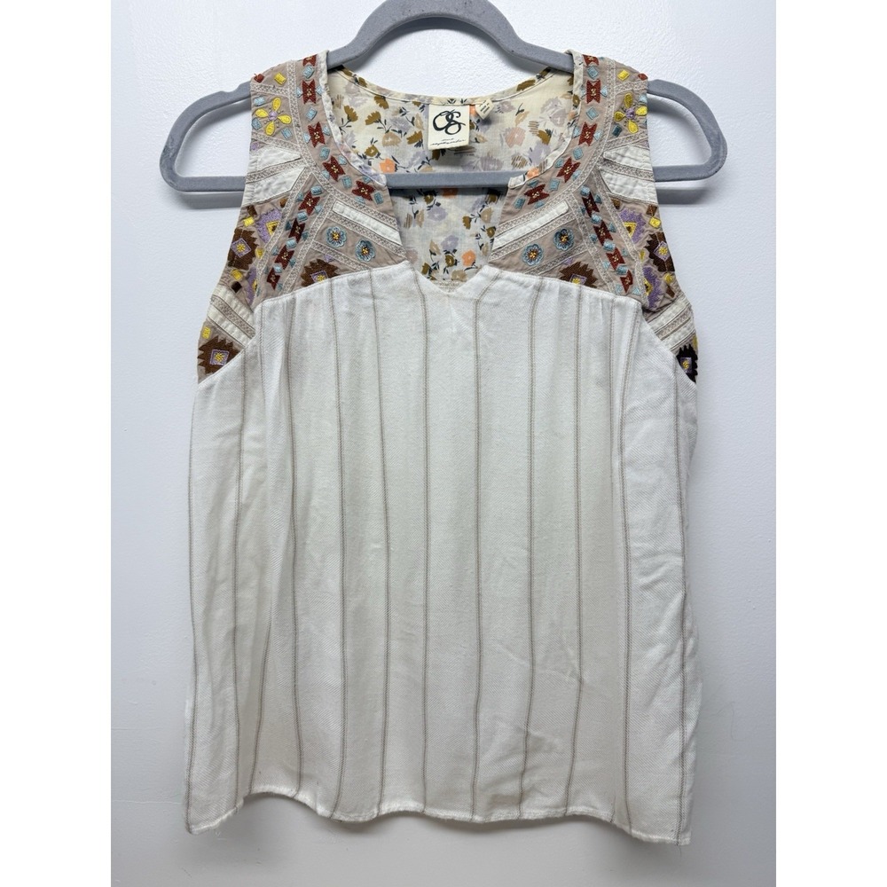 Anthropologie One September Boho Embroidered Tank Top Cream Sleeveless XS #23